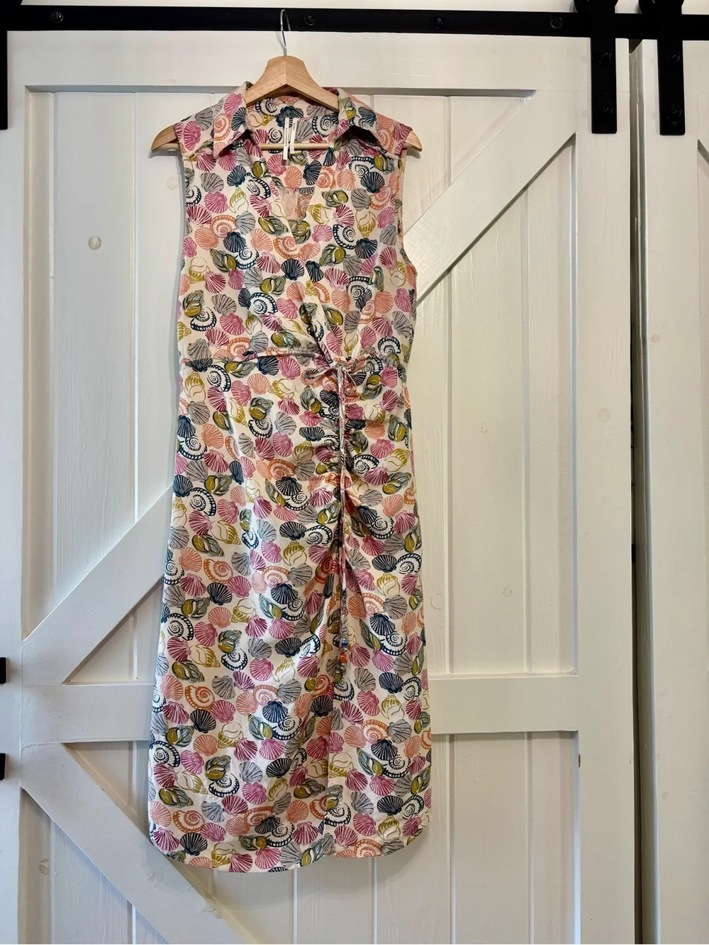 Anthropologie Linen Blend Seashell Print Midi Dress Side Slit Resort Coastal S